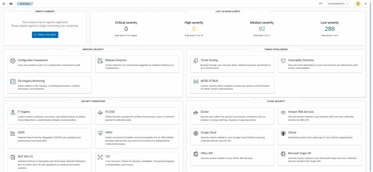 Wazuh SIEM: Overview mit Severity-Verteilung und Modulen